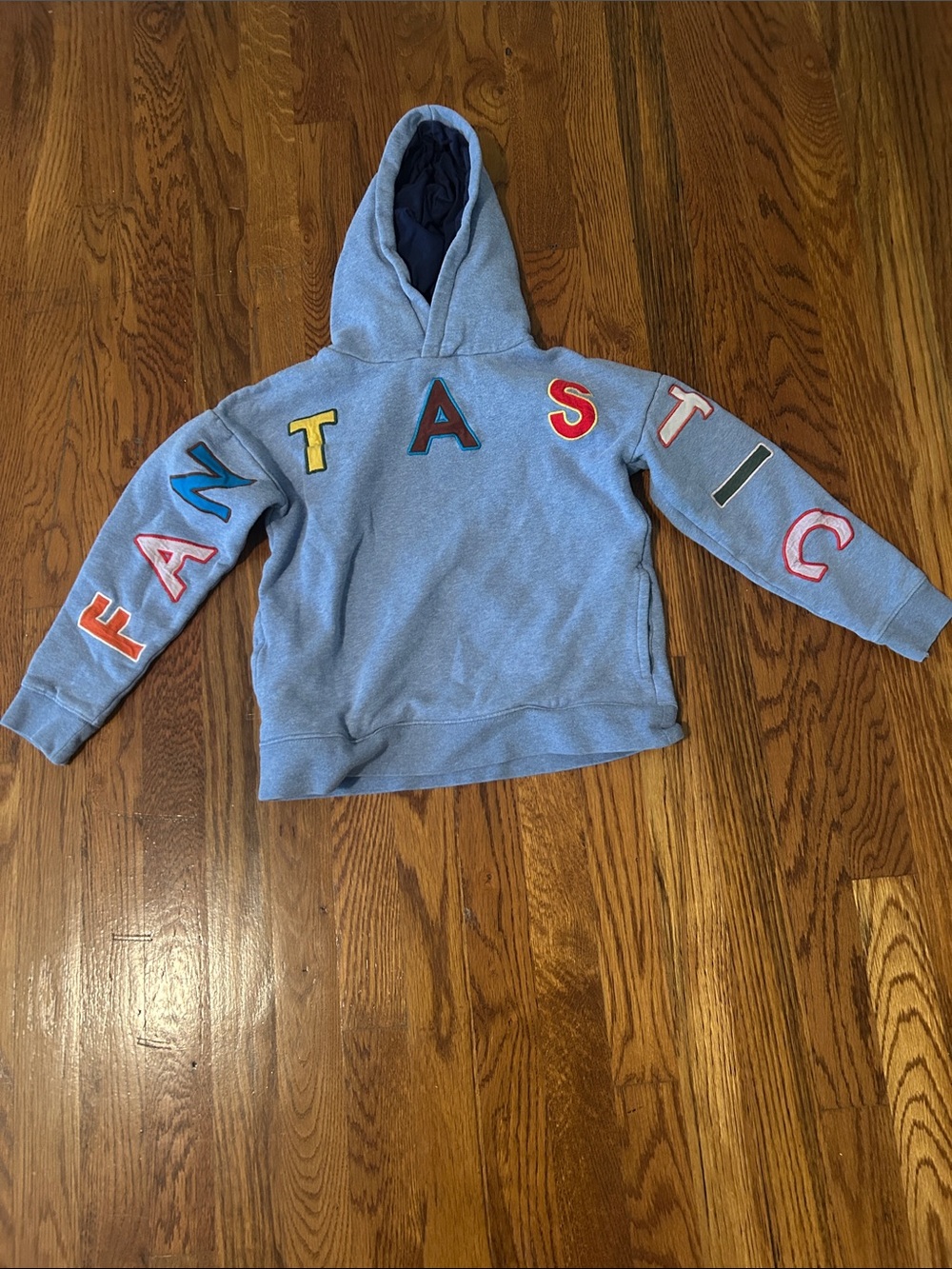 Mini Boden Light Blue 'FANTASTIC' Hooded Sweatshirt
